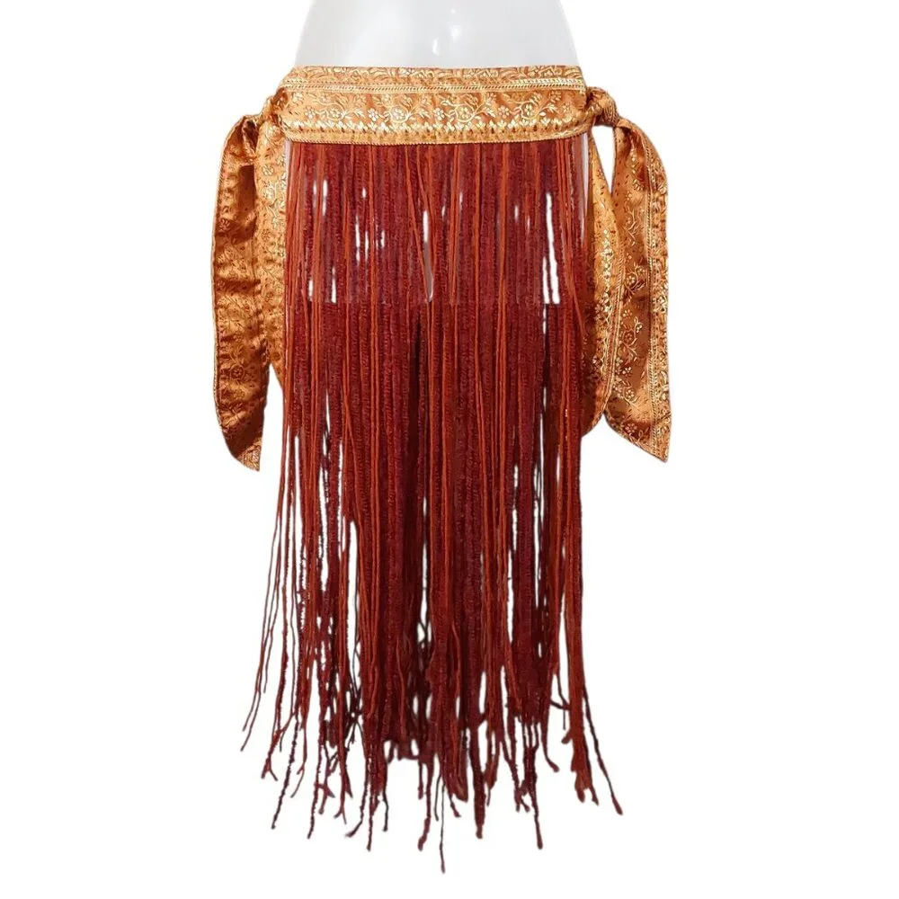 NWOT Handcrafted Tribal Bellydance Two-Panel Skirt Orange Gold Brocade Fringe OS